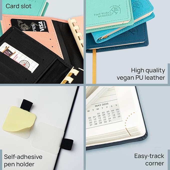 POPRUN 2026 Pocket Planner (Slim Size 3.5" x 6.5") Weekly and Monthly Calendar for Purse, with Hourly Time Slots, 100GSM Thick Paper, Spiral Soft Cover, Pen Holder - Pacific Green