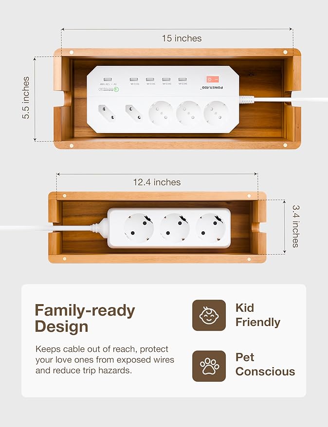 TIDITA Acacia Large Cable Management Box - Set of 2 Cord Box Hider for Home, Office - Cable Hider Box, Surge Protector Box for TV Wires, Computer - Power Strip Box with 2 Open Slots, Magnetic Lid