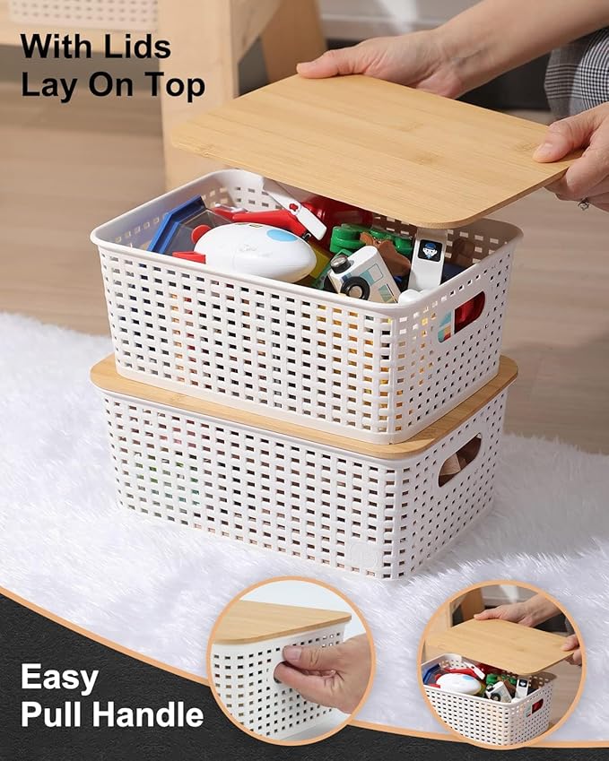 6 Pack Storage Bins with Bamboo Lids,Plastic Storage Baskets and Storage Containers, Storage Baskets for Organizing Shelves Drawers Desktop Closet Playroom Classroom Office Home