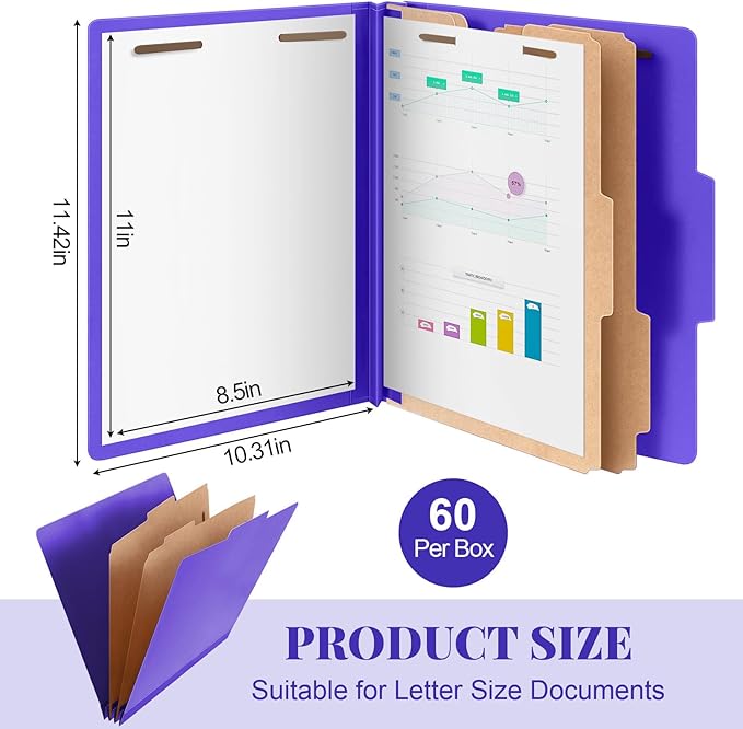 Skyygemm 60 Pcs Classification Folders Letter Size, 2 Divider Pressboard File Folders with 3. 5 Inch Expansion, 2 Prongs Fastener, Heavy Duty Office File Organizers for Teachers, Medical (Purple)