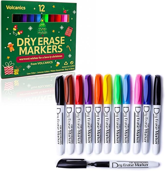 Volcanics Christmas Dry Erase Markers – Colored Whiteboard Markers with Giftable Holiday Packaging, 12 Pcs, Ideal Stocking Stuffer, Teachers & Families