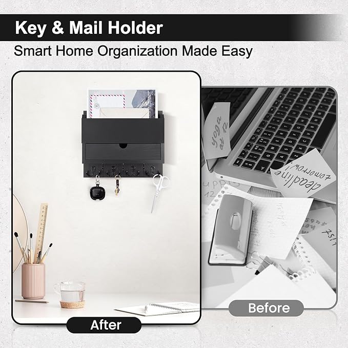 Lucundm Mail and Key Holder Wall Mount with Storage Drawer – Modern Wooden Mail Organizer for Wall Entryway, 7 Key Hooks & Chalkboard Panel – Stylish Home Decor for Apartments, Living Room, Office
