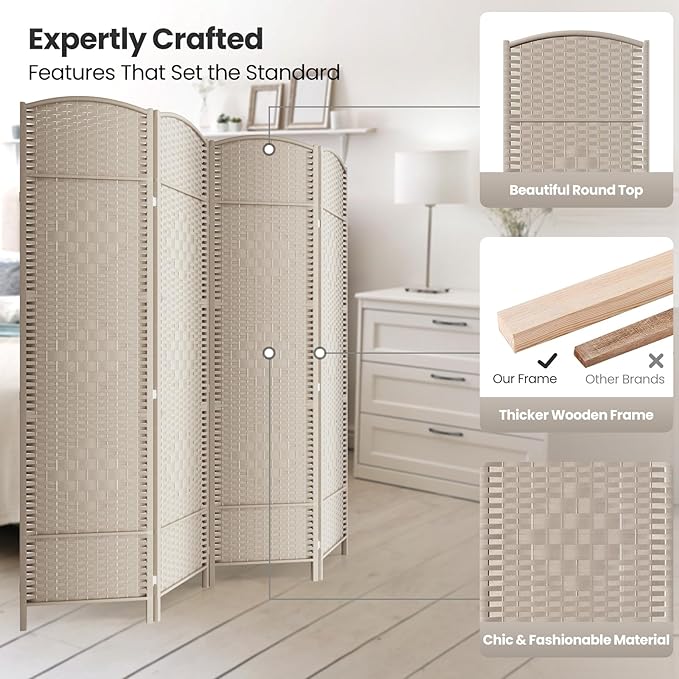 Cocosica 4 Panel Room Divider,6Ft Folding Privacy Screen,Tall - Extra Wide Foldable Panel Partition Wall Divider with Diamond Double-Weaved Hand-Woven Design Room Screen Divider