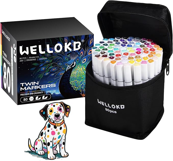 WELLOKB Alcohol Markers Set, 80 colors Alcohol Based Dual Tip, Broad and Brush Tip for Adult Coloring Books, Drawing, Sketching