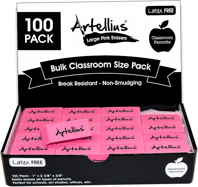 Artellius Pink Erasers | Latex & Smudge Free | Bulk School Supplies | Classrooms, Teachers, Homeschool, Office, Art Class | Large Size (Pack of 100)