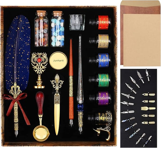 Junhartt Quill Feather Pen and Ink Set, Calligraphy Pen Glass Dip Pen and Wax Seal Stamp Kit (Navy Blue)