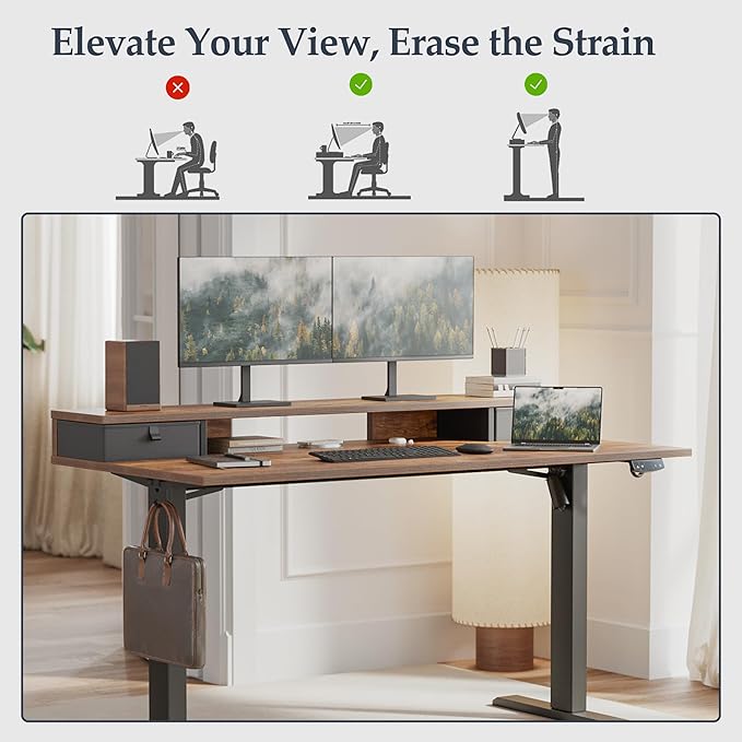 Klicelor 63 Inch Electric Standing Desk with Drawers, Adjustable Height Small Sit Stand Desk for Home Office, Compact Computer Workstation with Storage– Rustic Brown