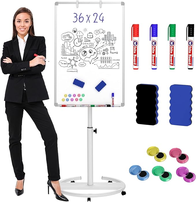 Nicpro Mobile Whiteboard 36"x 24" Magnetic Dry Erase Board, Height Adjustable Standing Easel With 5 Wheels, Flipchart Hooks, Rolling for Office Home or Classroom Teaching