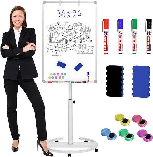 Nicpro Mobile Whiteboard 36"x 24" Magnetic Dry Erase Board, Height Adjustable Standing Easel With 5 Wheels, Flipchart Hooks, Rolling for Office Home or Classroom Teaching