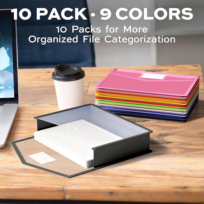 Deli 10 Pack Plastic Expanding File Folder, Folders for Documents with Snap Closure, Colorful File Folder Organizer, Transparent Accordion File Organizer, Large Capacity, Fit Letter/A4 Size, 9 Colors
