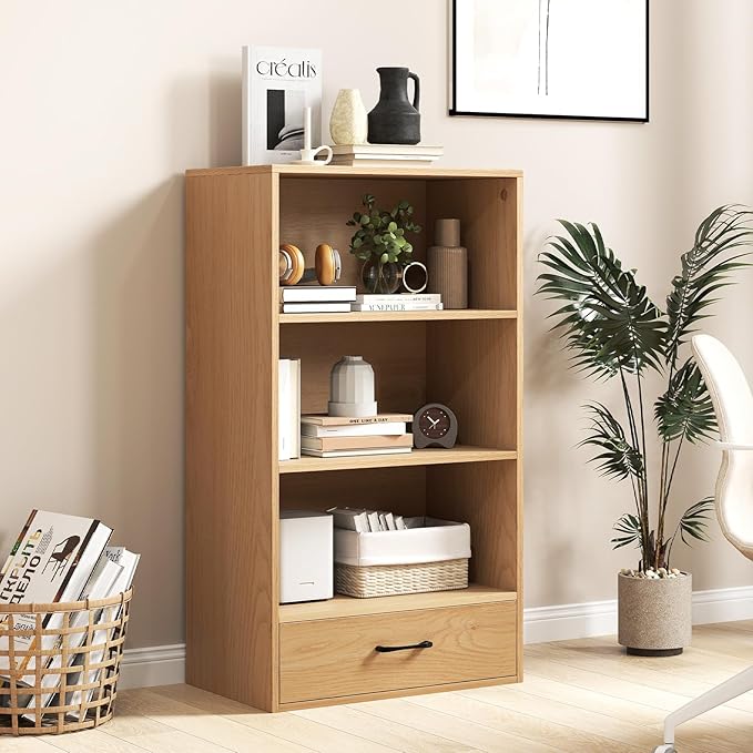 LOKO 4-Tier Bookcase with Storage Drawer, Modern Organizer Display Storage Shelves with Anti-toppling Device, Freestanding Bookshelf w/ 3 Open Shelves & 1 Drawer, Living Room, Study, Office (Natural)