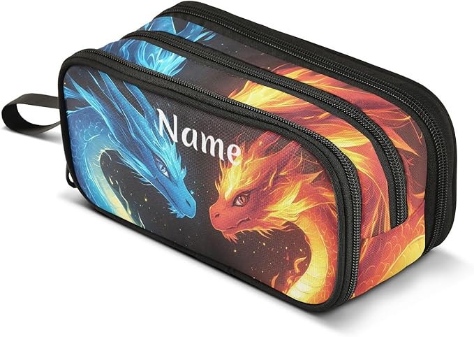 BOENLE Custom Dragons Red Blue Fire Eyes Pencil Case Box Boys Girls Personalized Name Large Pencil Pouch Stationery Pen Bag Organizer for Kids Adults School Office