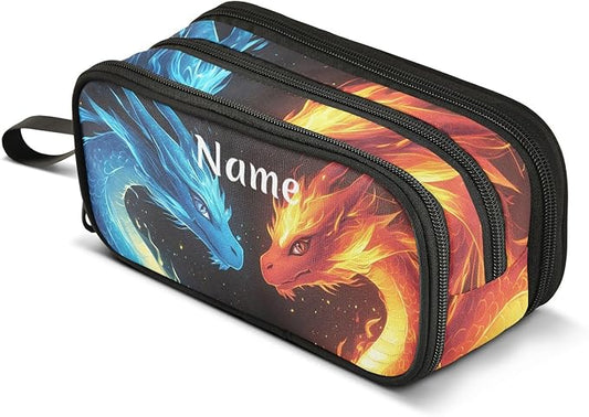 BOENLE Custom Dragons Red Blue Fire Eyes Pencil Case Box Boys Girls Personalized Name Large Pencil Pouch Stationery Pen Bag Organizer for Kids Adults School Office