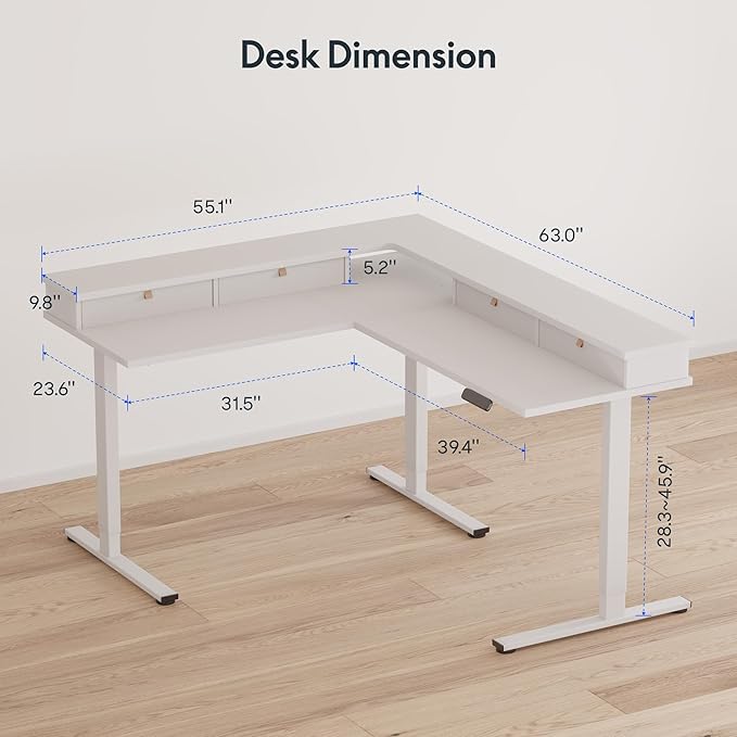 FLEXISPOT 63" L Shaped Standing Desk with Shelf Electric Corner Table, Drawers, Adjustable Computer Workstation for Home, Office,63x55in, White Top + White Frame