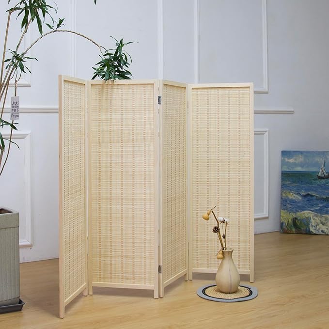 Furnnylane 4 Panel Short Room Divider Screen,Beige Freestanding Partition,Small Bamboo Panel Divider for Room Seperation,3.95 FT Tall