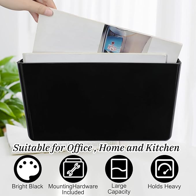 Tenceur 12 Pcs Plastic Single Pocket Wall Mount File Holder with Double Sided Adhesive Tape and Screws Wall File Hanging Folder Letter Paper Mail Organizer for Office Home Classroom(Black)