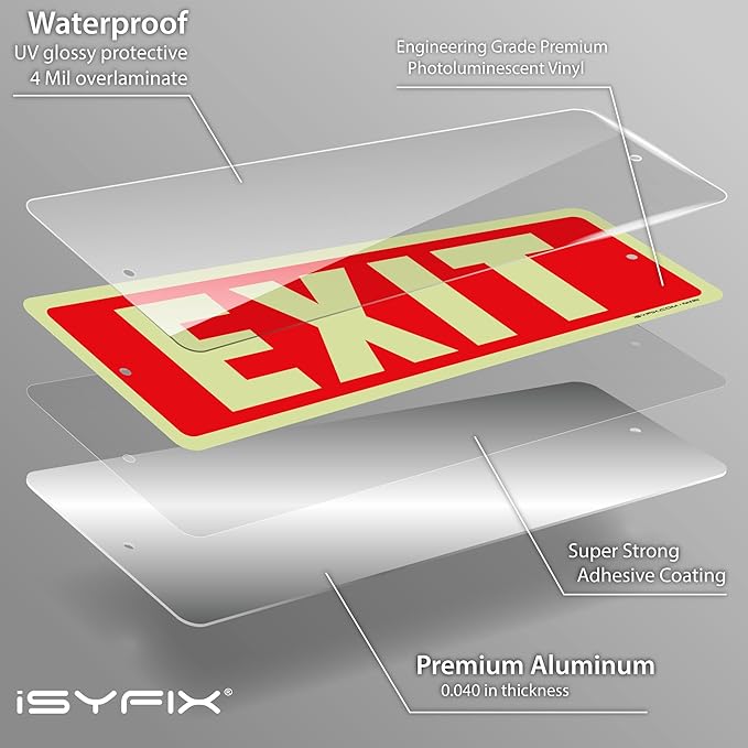 iSYFIX Exit Glow in the Dark Sign Aluminum – 12 Pack 12x4 Inch – Photoluminiscent, Laminated for Ultimate UV, Weather & Fade Resistance, Indoor & Outdoor for Business, School, Office, Warehouse