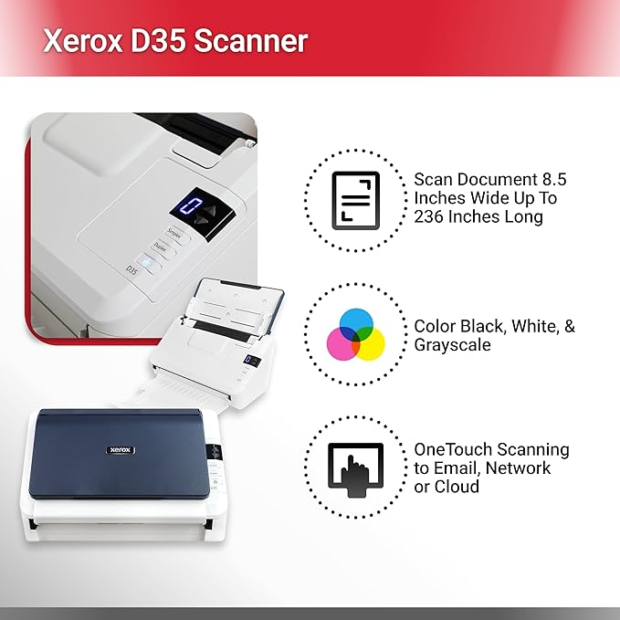 Xerox Visioneer Xerox D35 Scanner, USB Office Document Scanner for PC and Mac, 45 PPM, Automatic Document Feeder (ADF), White