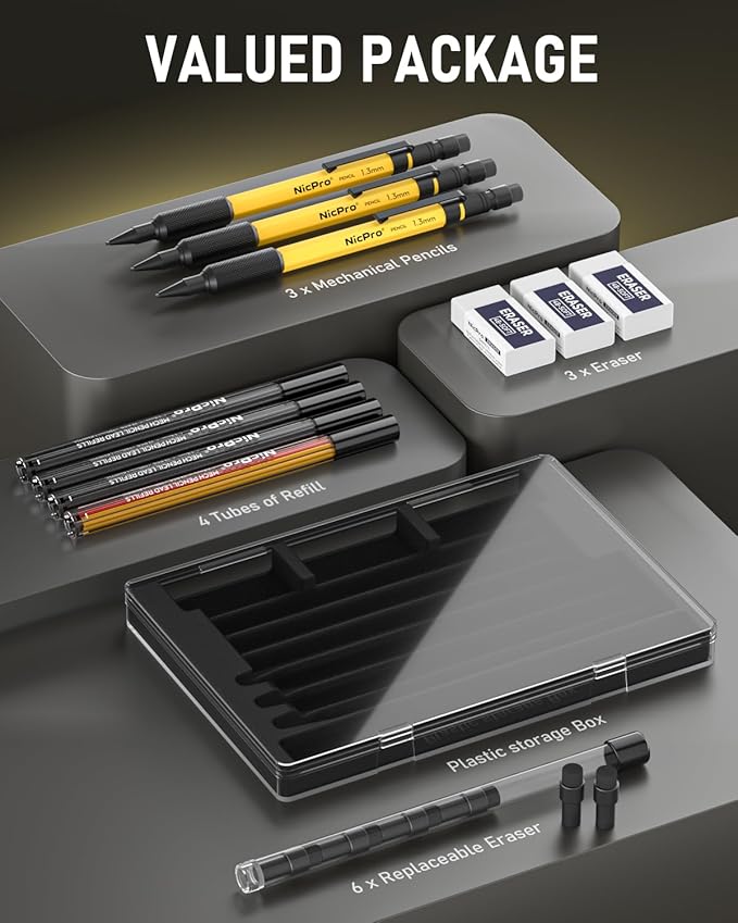 Nicpro 3 PCS 1.3 mm Mechanical Pencil Set with 48 Lead Refills, 3 Eraser - Weatherproof Metal Barrel, Heavy Duty Carpenter Pencil MP2000 for Outdoor Marking Drafting Drawing Woodworking - with Case