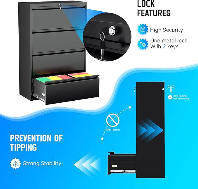 Greenvelly 4 Drawer File Cabinet, Metal Filing Cabinet with Lock, Black Lateral File Cabinet for Home Office, Locking File Cabinet for Letter/Legal/F4/A4 Size Hanging Files, Easy Assembly