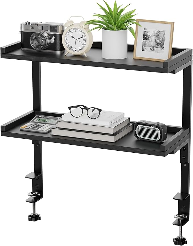ART-GIFTREE Clamp On Desk Shelf 2-Tier, 16.5 in Wood Shelving Unit for Office Desk/Gaming Accessories, Tabletop Book Storage Rack, Shelf for Top of Desk, Black