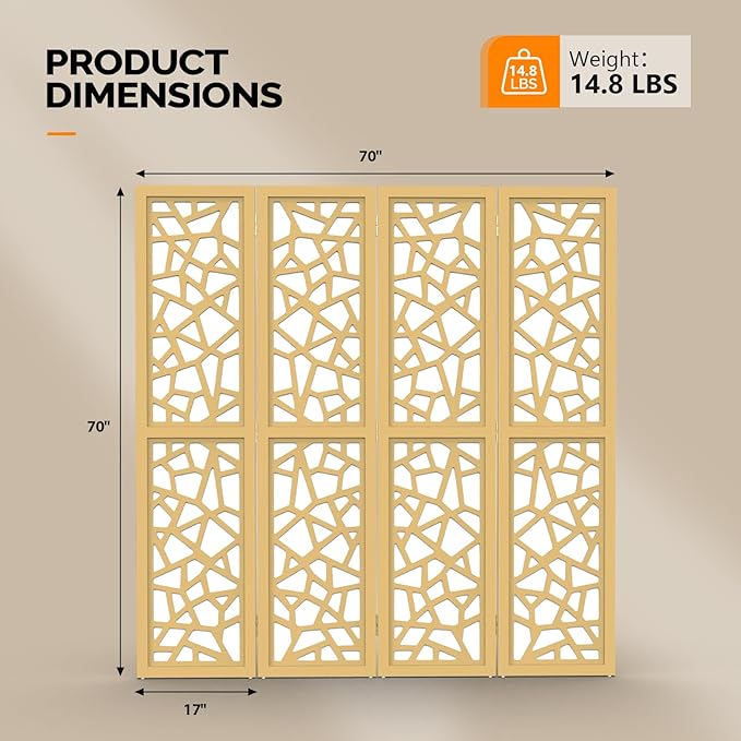 VINGLI 70'' H Room Divider, Non-Woven Fabric Privacy Screen, Indoor Partition Wall Dividers, Freestanding Hinged Space Separator with Modern Unique Pattern (Gold, 4 Panel)