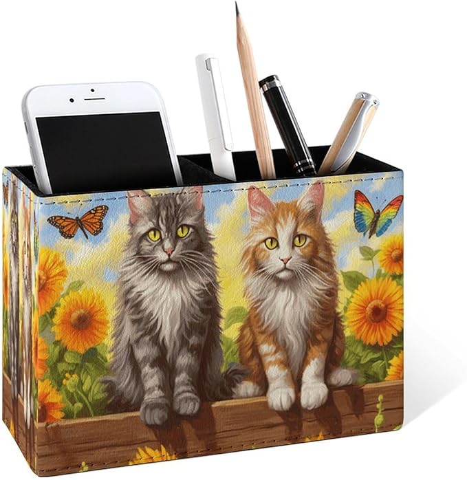 Famame Cute Vintage Cats Sunflower Fence Pencil Holder for Desk, Leather Desktop Container Pen Cup Storage Study Table Pen Organizer Makeup Brush Holder for Classroom Office Home