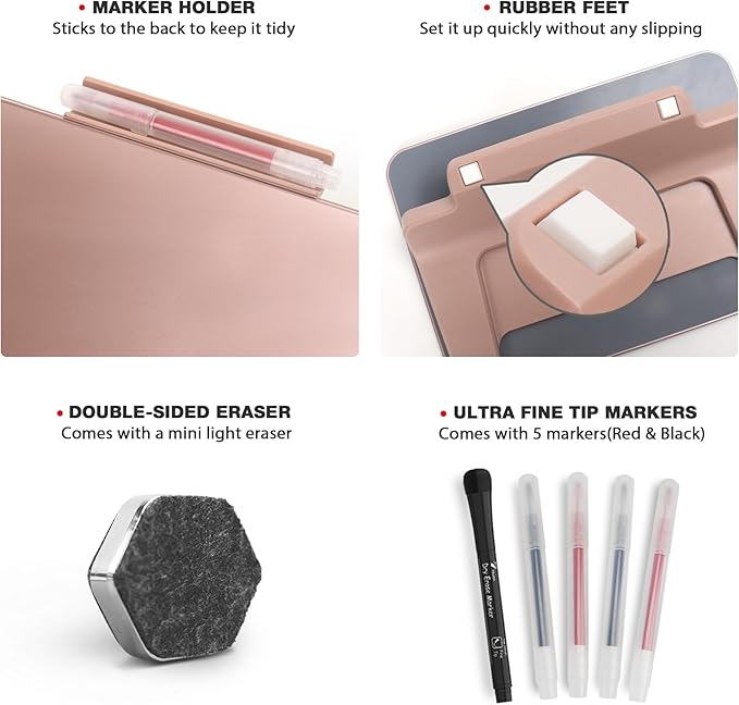 Rose Gold Glossy Mirror Mini Desktop Pure Glass Whiteboard, Small Desktop Dry Erase Board, Desk White Board Dry Erase with Accessories, Stenography Artifact for Office Homeschooling Décor, 8x6 Inches