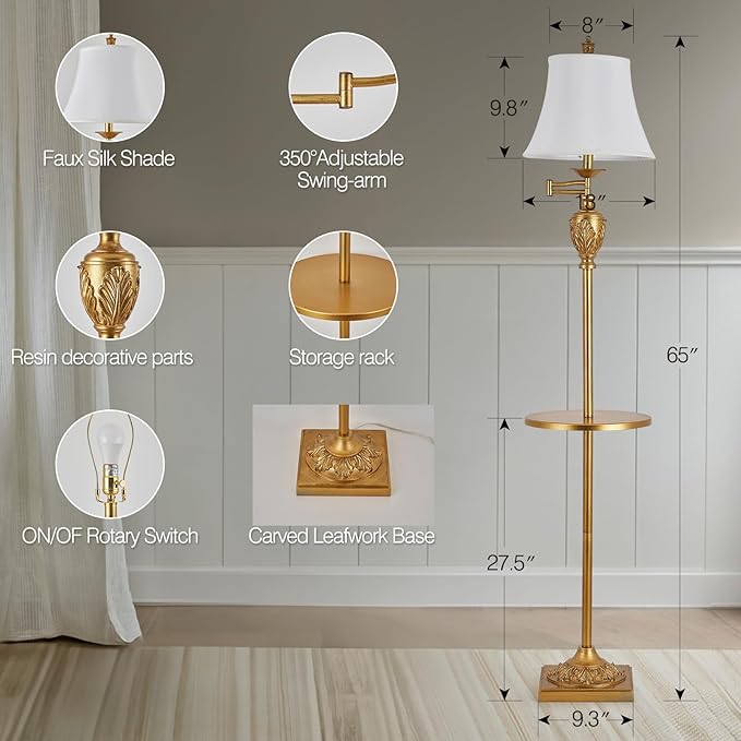 Traditional LED Floor Lamp with 350° Adjustable Swing Arm Lamp – Vintage Standing Pole lamp for Living Room, Bedroom and Office – Rustic Upright Floor Light for Home Décor with Silk Fabric Shade