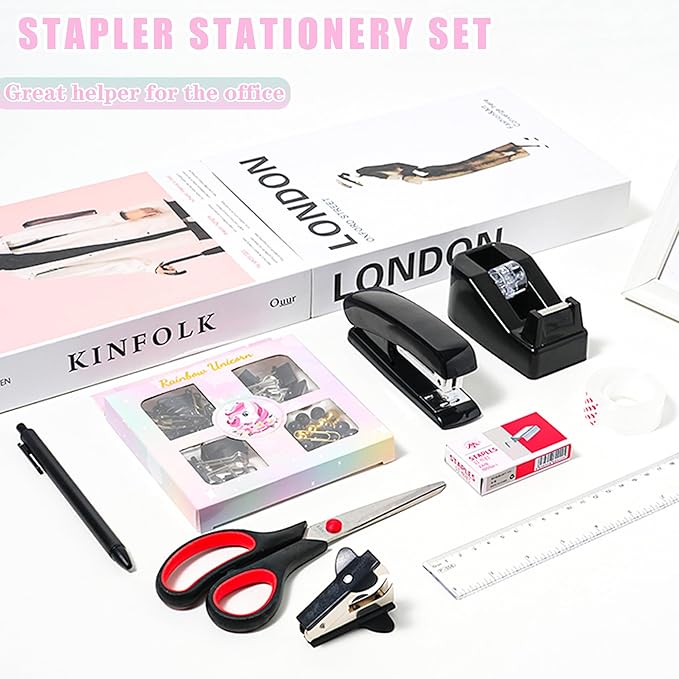 COMFYROOM Black Desk Accessories with Pen Holder, Office Supplies Desk Organizers and Accessories, Tape Dispenser, Stapler, Staple Remover, Staples, Clips Set, Ruler, Scissor, Pen, Tape (Black)