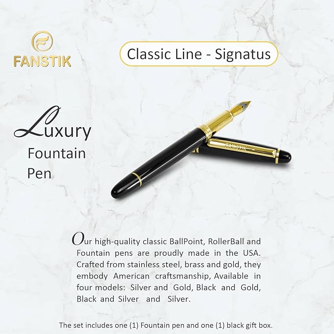 FANSTIK, Customized Fountain pen with name (MADE IN USA), stainless steel, black and gold, luxury engraved pen personalized for men and for women. (Fountain Black-Gold)