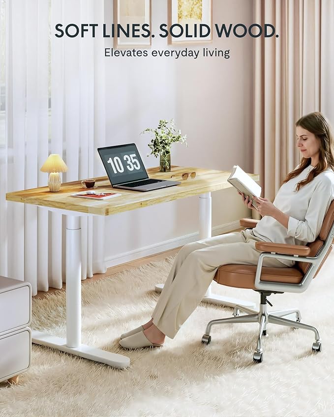 FLEXISPOT Solid Rubberwood Electric Standing Desk with Elegant Oval Legs, 55"x24" Height Adjustable Desk for Home Office & Living Spaces (White Frame)