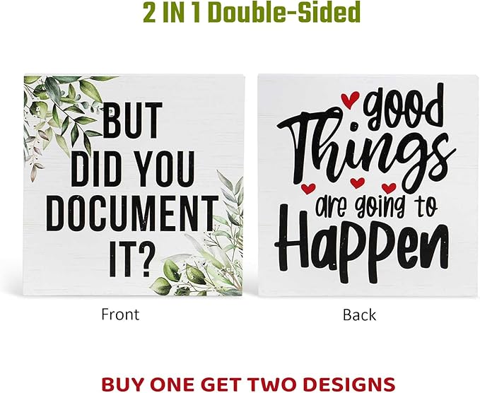Double-Sided Wooden Box Sign, But Did You Document It Office Decor 2-in-1 Sayings Wood Block Signs, 5x5 Inches Reversible Table Centerpiece Decorations for Desk