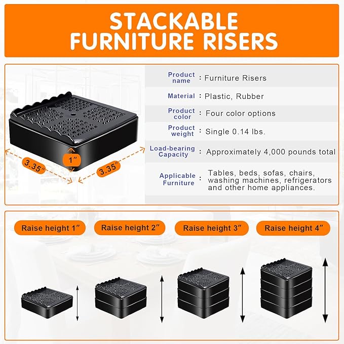 shouwuhho Furniture Risers, 8 Pack Bed Risers with Non-Slip Grip and Heavy Duty Support, 1 Inch 2 Inch 3 Inch 4 Inch Height Lift for Couch, Sofa, Table, Desk, Chair, Refrigerator - Black, 1+1+1 Inch