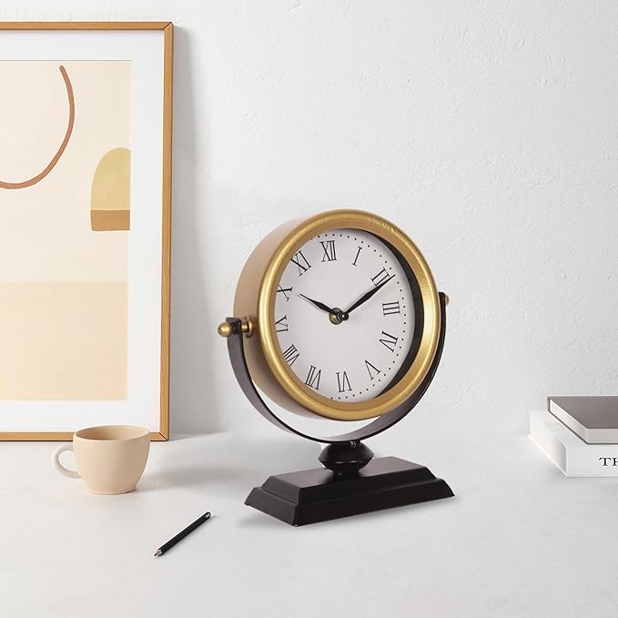 QIYAODECO Desk Clock - Classic Vintage Clock and Decorative Shelf Decor,Silent Non-Ticking Clock with Distressed Metal Frame for Office, Living Room or Bedroom
