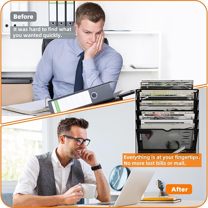 KZWKRG 6 Tier Magnetic File Holder, Large Capacity Mesh Hanging Wall Organizer Vertical Magnetic Hanging File Organizer, Magnetic File Folder Holder for File Cabinets, Office, Whiteboard (Black)