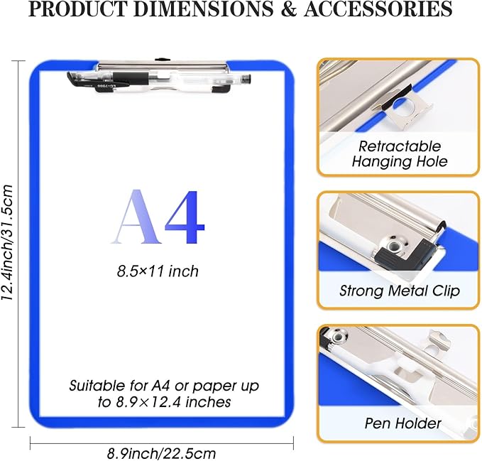 TFDLCG zm Blue Plastic Clipboard with Pen Holder,Nursing Clipboard Standard Letter A4 Size,Thickened Clip Boards 8.5x11,Hanging Clipboards for Men Kids Students Office School Home Work
