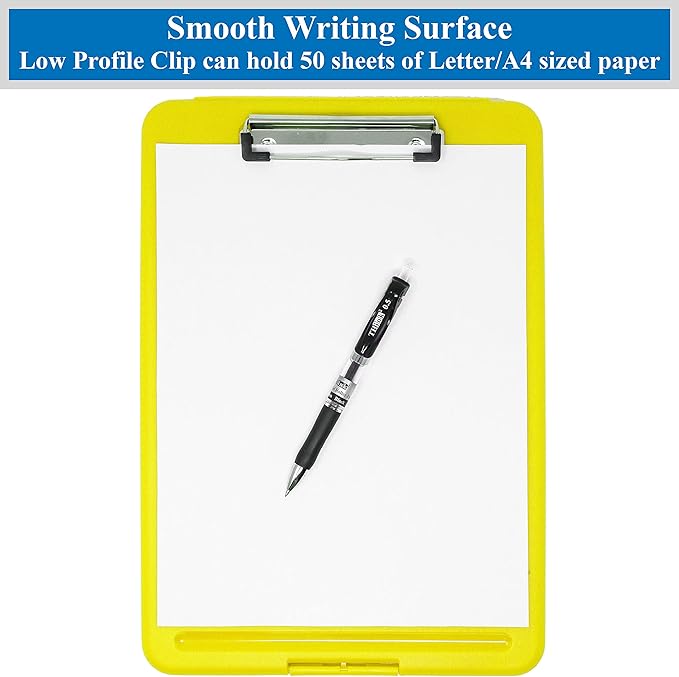 Think2Master [3 Pack] Yellow Plastic Storage Clipboard. | 25% Heavier & Sturdier| Heavy Duty and Won’t Flex Like Other Brands (Compare The Weight). Storage Compartment Holds 150 Letter Sized Paper.