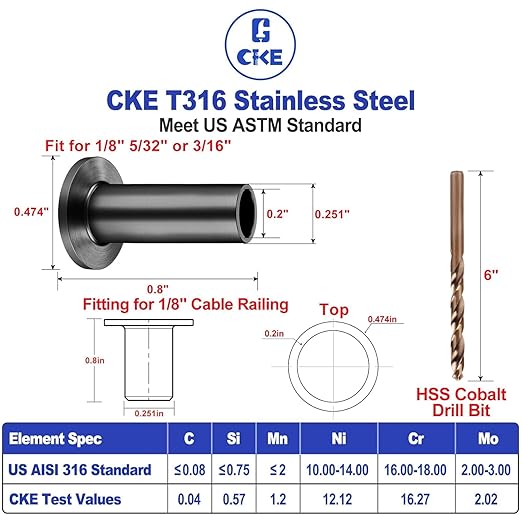 CKE 150 Pack T316 Stainless Steel Black Protector Sleeves for 1/8" 5/32" or 3/16" Cable Deck Stair Railing Kit System, Black Cable Railing Protective Sleeves for Wood Posts, DIY Balustrade, BCR01-3/16