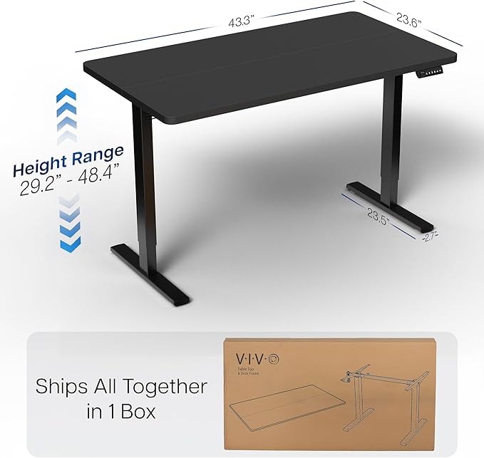 VIVO Electric 43 x 24 in Standing Desk, Memory Height Adjustment, 1B Series, Holds 220 lbs, Black Top, Black Frame, DESK-1B4B