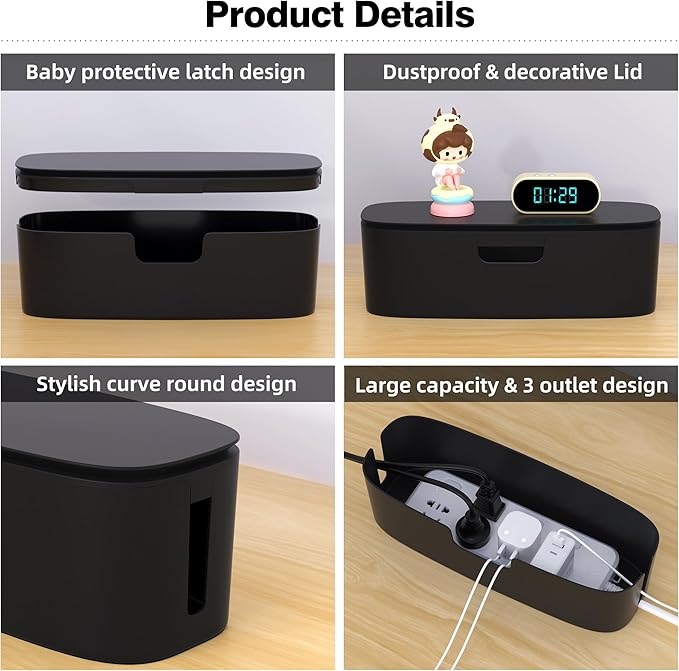 Cable Management Box - Large Cord Organizer Box to Hide Power Strip & Under Desk, TV Computer Wires Cable Organizer Box with Baby Proofs, Desk Cord Organizer for Home/Office - Black