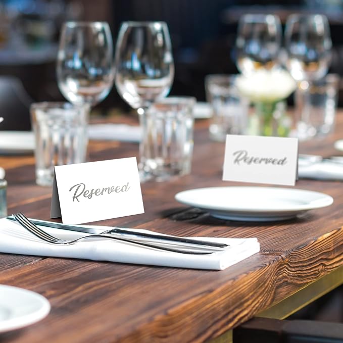 10 Pack Silver Reserved Table Signs for Wedding 3x4 Cardstock Reserved Seating Signs Double Sided Table Tent Reservation Card for Restaurant Receptions Celebrations Party - White with Silver Letters