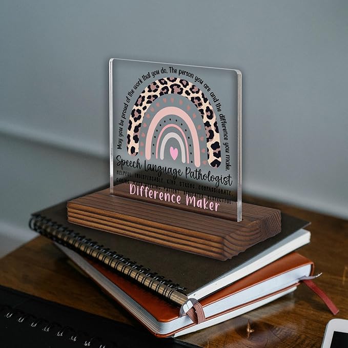 Speech Language Pathologist Appreciation Gift Leopard Rainbow Desk Decor Sign, SLP Office Thank You Plaque Difference Maker PA086
