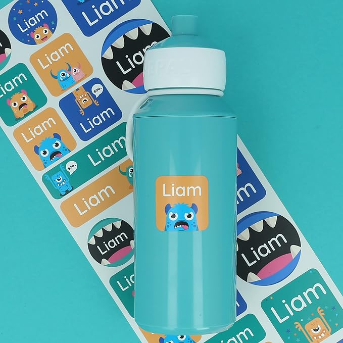 Large Name Labels for Kids (33) - Custom Stickers for Daycare and School Supplies - Durable, Waterproof Stickers for Water Bottles, Lunch Boxes, and More with Unique Designs - Monster