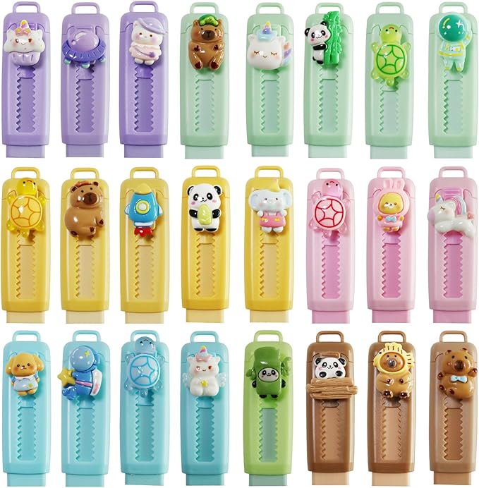 24 Pcs Cute Retractable Eraser for Pencils | Kawaii School Supplies Erasers| Back to Schools Essentials|Cute Erasers Supplies| Perfect Back to School Gifts |Valentines Day Classroom Exchange Gift