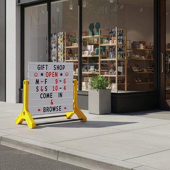 Swinging Changeable Message Sidewalk Sign 36″ x 37″ – Outdoor Advertising Sign Board with 792 Pre-Cut Double-Sided Letters & Storage Box – Heavy-Duty, Rust-Resistant Sidewalk Display for Businesses & Events (Yellow Legs)