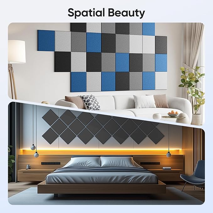 UNECHO 12 Pack 12" X 12" X 0.4" Acoustic Panels for Wall Sound Absorbing, Square Self-Adhesive Sound Panels, High Density Suitable for Multiple Scenarios(Black)
