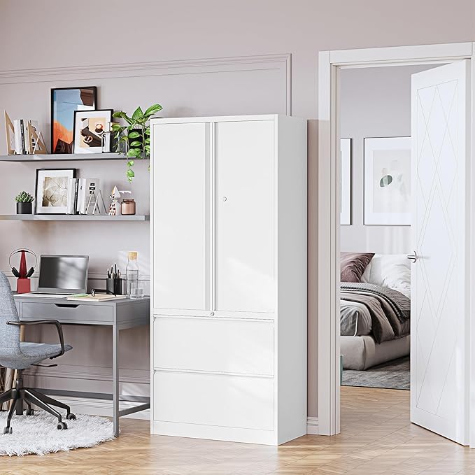PEUKC 2-Drawer Metal File Cabinet, Lateral Vertical Filing Cabinets for Home Office, Locking File Cabinet with Storage Shelves, Legal/Letter/A4 Size (White, Assemble Required)