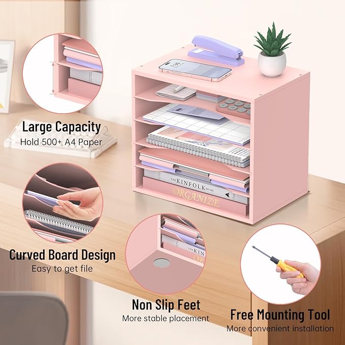 SHARKWOODS 5-Tier Wood Desk Organizer, Paper Tray Organizer for Desk with Adjustable Storage Shelves, Desktop File Organization Paper Sorter Mail Holder for Office Home Classroom, Pink