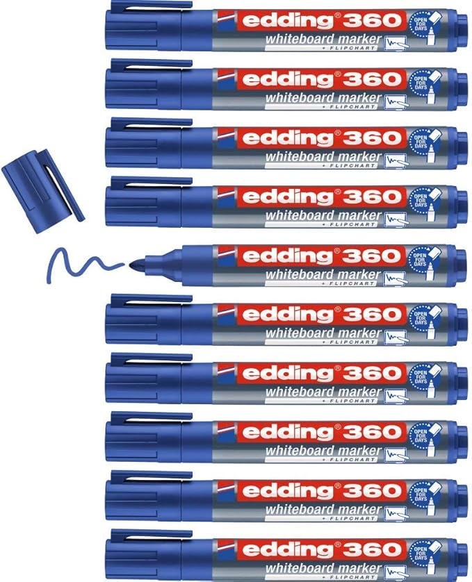 edding 360 whiteboardmarker - blauw - 10 whiteboardstiften - ronde punt 1,5 - 3 mm - boardmarker uitwisbaar - voor whiteboard, flipchart, magneetbord, prikbord, memobord - sketchnotes - navulbaar